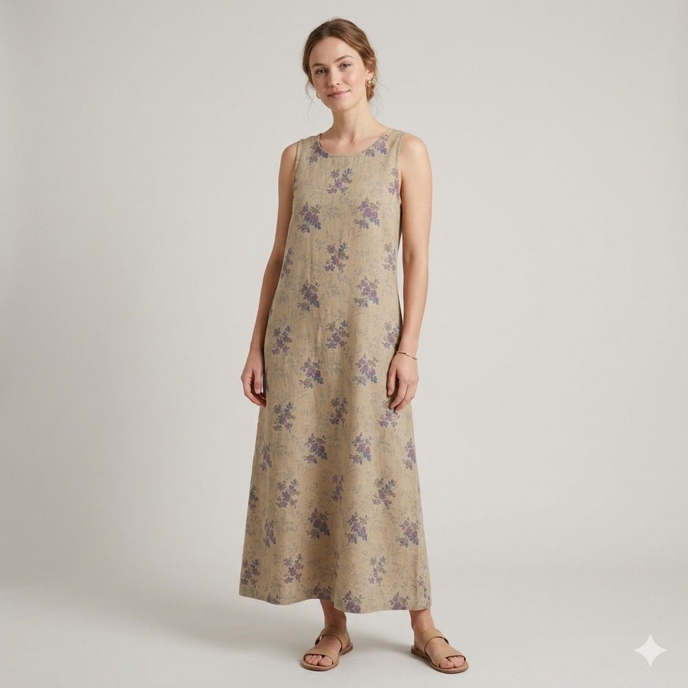 Woolrich Maxi Dress Womens L Tan Floral Sleeveless Shift Pockets Cottagecore
